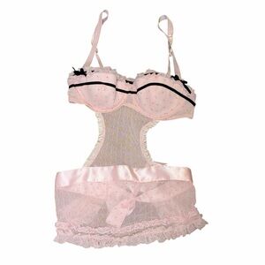 Women's Pink Lace Trim Babydoll Lingerie